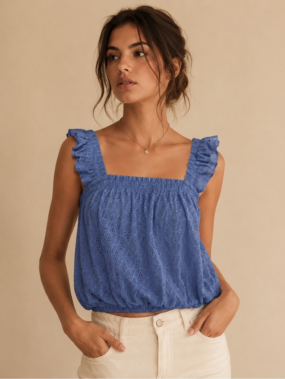Perception Concept Blue Eyelet Ruffle Strap Bubble Hem Top Size Small